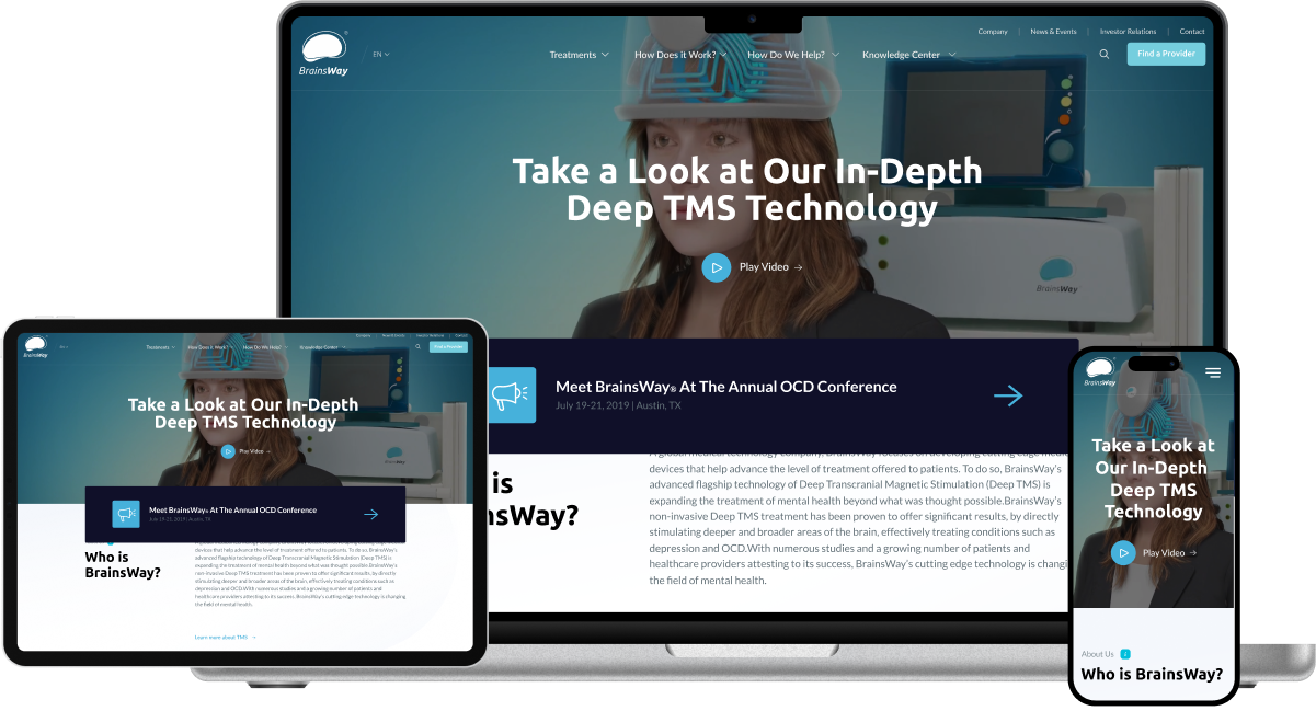 BrainsWay website mocked on an tablet, phone, and laptop